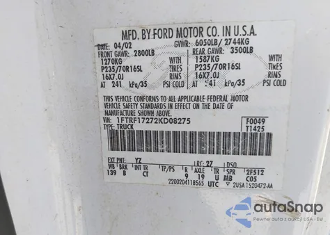 2002 Ford F-150 Xl/Xlt из США, поврежденный, VIN 1FTRF17272KD08275